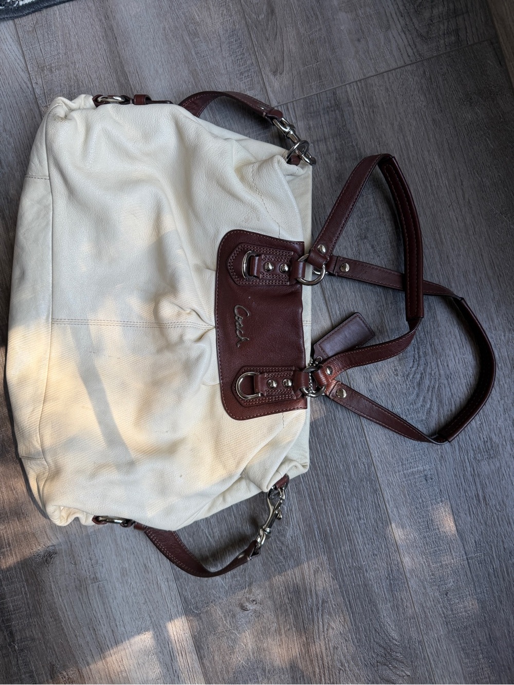 Coach Cream Leather Shoulder Bag with Brown Trim